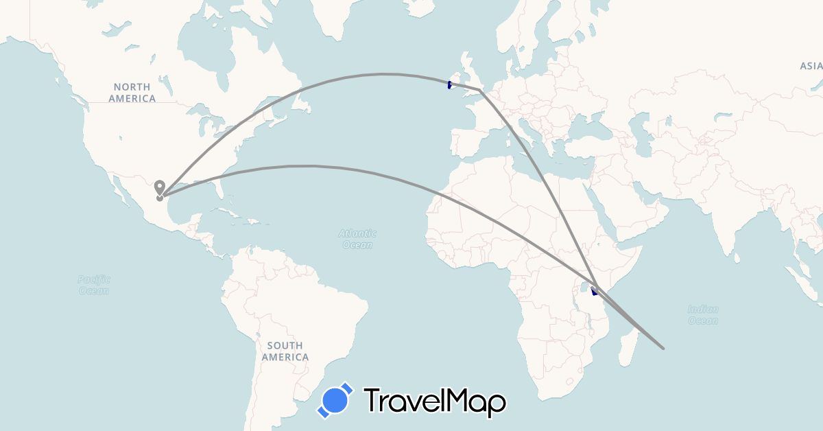 TravelMap itinerary: driving, plane in United Kingdom, Ireland, Kenya, Mauritius, Mexico, Tanzania, United States (Africa, Europe, North America)